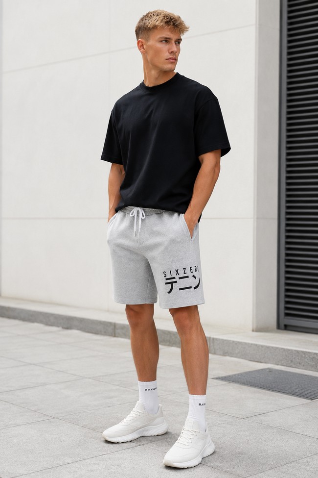 black_oversized_tshirt_grey_shorts Shorts Sixzero Japan Men - Image 1